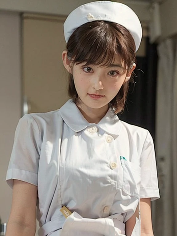 woman, alone, (Wearing white nurse clothes:1.2), (Bobcut), Shortcuts,bangs, Black Hair, nurse, Perfect Anatomy, nurse uniform, (Nurse cap), (White costume), Long skirt, hospital, Face close-up