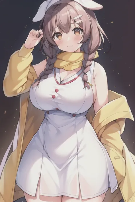 1girl, Korone, smile, dog ears, twin braids, sidelocks, hair ornament, ((white dress)), jacket, yellow jacket, jacket, open clothes, open jacket, dress, short dress, sleeveless dress, huge breasts, wide hips, thick thighs, tall, tall female, mature female,...