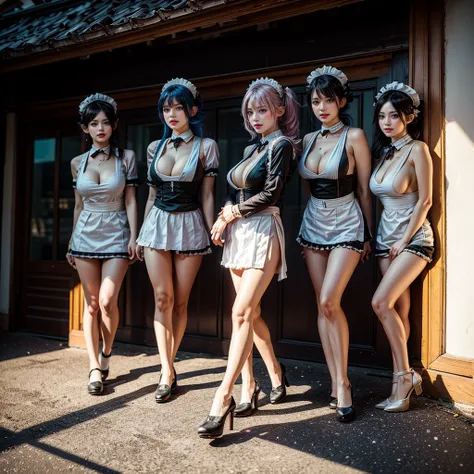 (Full Body of Extremely Detailed((Sexy Maid Group in a row:1.37))), KAWAII perfect face, Reflective Eyes, Detailed(Delicate Clothing textures), Correct Leg Line, Dynamic Joyful Expressions LifeLike Rendering, Specular Reflection, TopQuality 8K Ultra-detail...