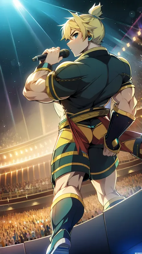 Concert Hall,Kagamine Len,short hair,Short Ponytail,Spiked Hair,Aqua Eye,Huge muscles,