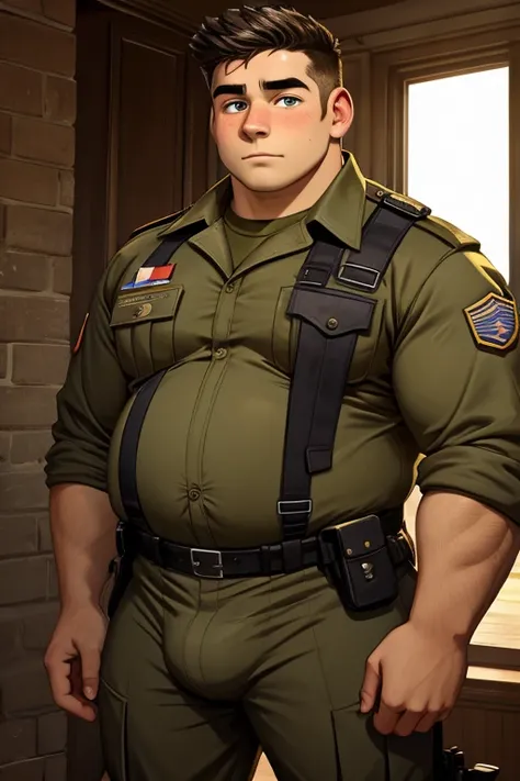 Teen boy, 18 yo, extremely fat, soldier, in military uniform, tight clothing