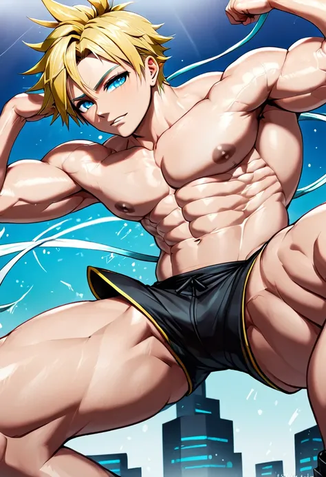  Concert Hall,Kagamine Len,short hair,Short Ponytail,Spiked Hair,Aqua Eye,Abnormally large muscles,Crazy behavior