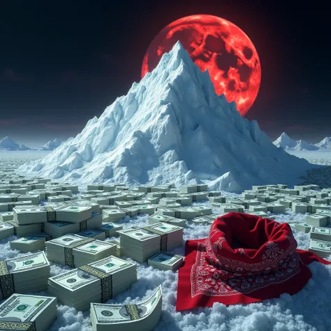 a mountain of cocaine, but make it look like Mount Everest
with 100 dollar bills around it, at night and with a red moon behind, Among the bills, there is a red bandana and also some classic kilos of cocaine packaged.



