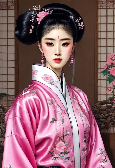 A super beautiful 15-year-old Japanese girl、Put your black hair in a bun、Made of silk, the ultra-glossy, fine embroidery is applied to the corners of the garment.々She wears a gorgeous pink long sleeve vinyl Chinese jacket with。　Pussy covered with white muc...