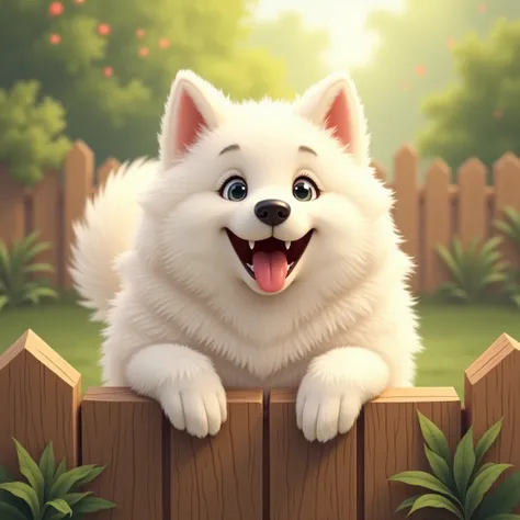 Smiling Samoyed wagging his tail、breast enhancement、Fence in front、It has its front legs on the fence