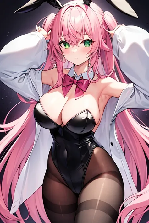 1girl, pink hair, long hair, hair over eyes, ((hair over eyes)), long bangs, ((long bangs)), green eyes, large breasts, thick thighs, wide hips, mature female, hourglass figure, bunnysuit, rabbit ears, leotard, black leotard, bowtie, red bowtie, pantyhose,...