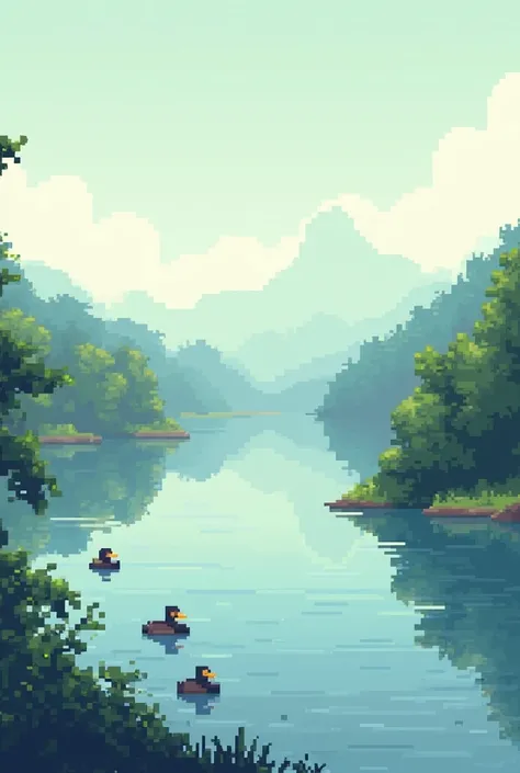 background of a game, in pixel art style, the background will be a lake of ducks, but the image wont have ducks