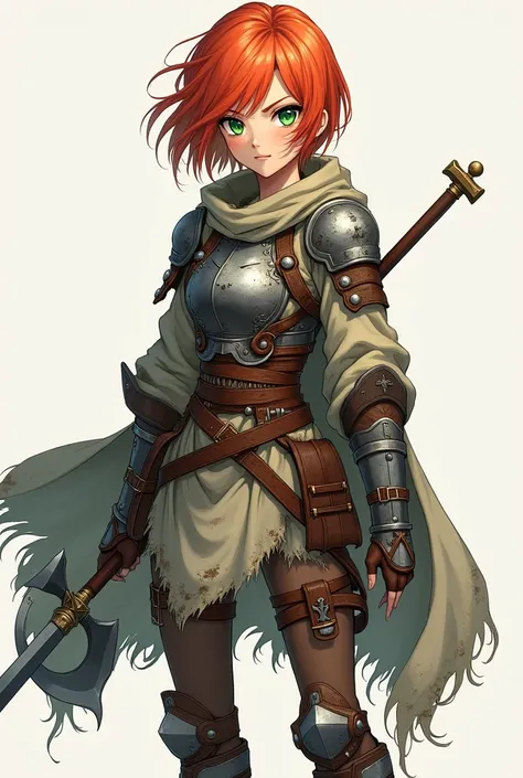 A cute and mature woman with short, red hair, but pulled towards orange, a warrior in old clothes and with old, worn armor, holding a dagger and an axe, greeneyes, anime styling.