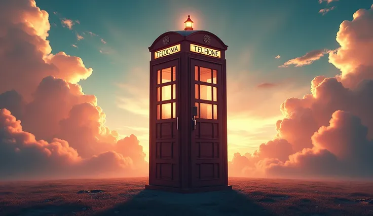 Image generated of a telephone booth with a sky background, DC promotional art, cabine fancy, Written on top of the booth TEDOMA, fancy, 3840x2160, 3840 x 2160, fullHD, movie  theatertic, movie  theater