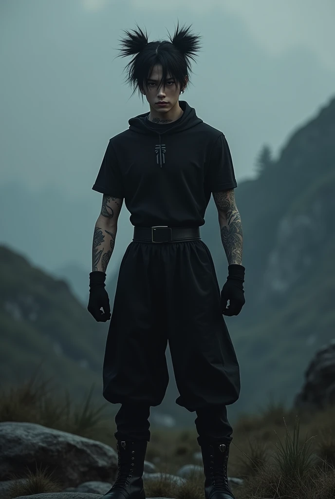 Jeon Jungkook ( bts) in a dark nature landscape sitting in a powerful pose characterized as Choso from the anime, hair in two side buns spiked and black horizontal line above the nose, arm tattoos on display with all black clothing and combat boots