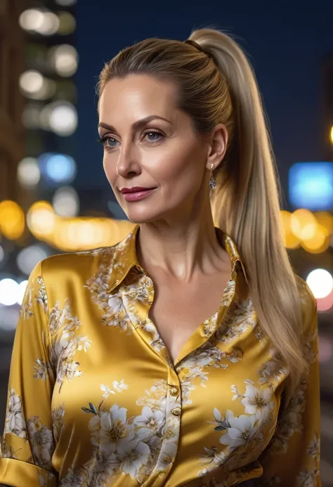 Close-up, 8K quality, realistic image of a beautiful 45 year old European woman with long blonde hair tied back in a ponytail. She had a curvy body with slightly larger breasts and was wearing a yellow floral patterned blouse and a short skirt. He stood in...