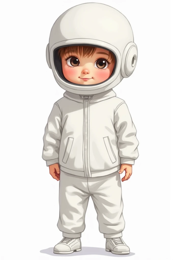 A drawing of a child wearing a white suit and a white helmet, with a realistic face that is easy to draw. 