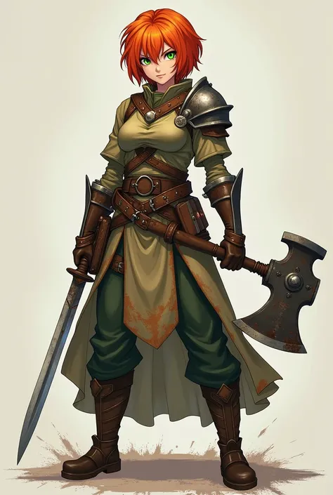 A cute and mature woman with short, red hair, but pulled towards orange, a warrior in old clothes and with old, worn armor, holding a dagger and an axe, greeneyes, anime styling.