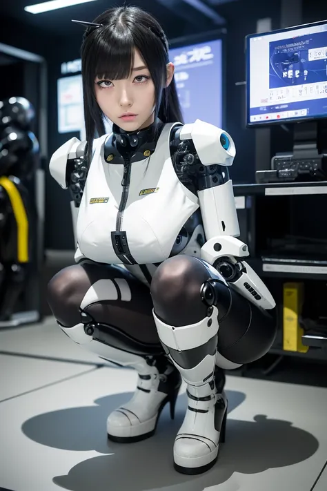 masterpiece, best quality, extremely detailed, Japanese android girl,Plump ,control panels,activate,Squat,android,droid,Mechanical Hand,Robot arms and legs, Black Robot Parts,black hair,darkblack knee high socks,black sponge joints,blunt bangs,white robot ...