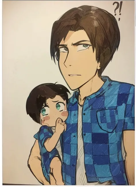 20 year old guy, dark brown hair, curtain style haircut with bangs parted in the middle, bright green eyes, neutral expression, Blue plad flannel short sleeve shirt,
He is holding a baby boy with dark brown hair, curtain style haircut with bangs parted in ...