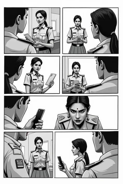 Indian police offer girls chatting with her superior sir, he give her a file and after he give her a phone , she looks at the phone in a disbelief on her face 
Make a storyboard in black and white in 8 mages pannels for a movie 