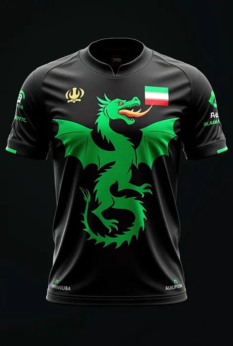 Make me a black team jersey with a green fire-breathing dragon with the Iranduba symbol.