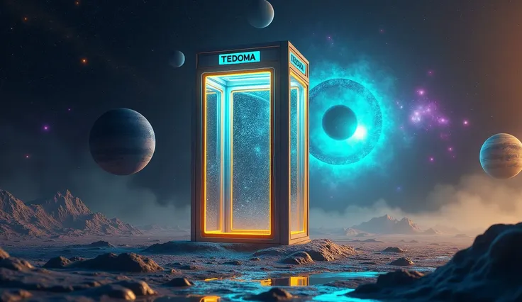 Há uma cabine telefônica flutuando no universe, planetes, Star dust, contrasting colours, yellow, purple, cerulean, poeiras do space, stele, Eye of God, rendered in keyshot, police station, futuristic cabins, cabine no estilo TRON LEGACY, luzes nas cores c...