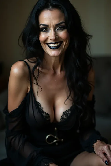 Female dominatrix aged 60, thin very white wrinkles, pose for selfie not Instagram, black gown, smiling showing teeth, heavy makeup with long black hair and black eyes looking at the camera, detailed photo, realistic lighting, top quality real skin: 1.4, E...