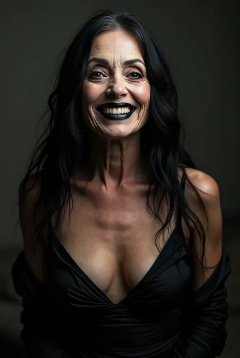 Female dominatrix aged 60, thin very white wrinkles, pose for selfie not Instagram, black gown, smiling showing teeth, heavy makeup with long black hair and black eyes looking at the camera, detailed photo, realistic lighting, top quality real skin: 1.4, E...