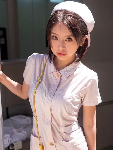 woman, alone, (Wearing white nurse clothes:1.2), (Bobcut), Shortcuts,bangs, Black Hair, nurse, Perfect Anatomy, nurse uniform, (Nurse cap), (White costume), Long skirt, hospital, Face close-up