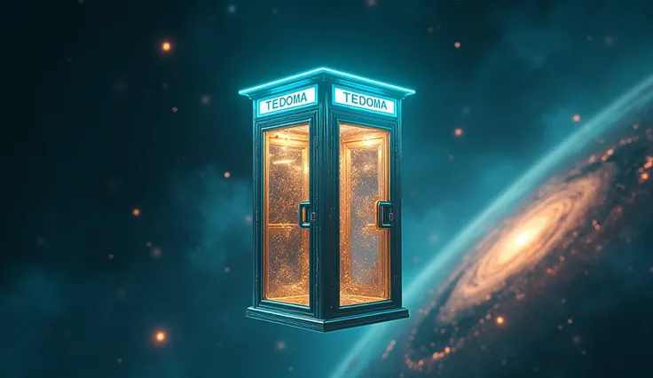 Há uma cabine telefônica flutuando no universe, planetes, Star dust, contrasting colours, yellow, purple, cerulean, poeiras do space, stele, Eye of God, rendered in keyshot, police station, futuristic cabins, cabine no estilo TRON LEGACY, luzes nas cores c...