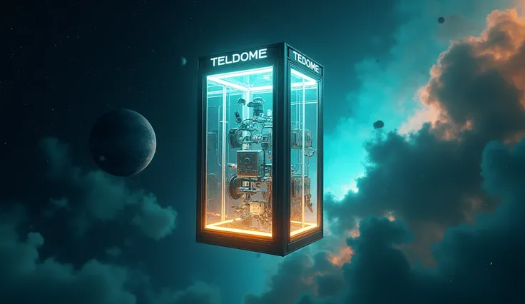 Há uma cabine telefônica flutuando no universe, planetes, Star dust, contrasting colours, yellow, purple, cerulean, poeiras do space, stele, Eye of God, rendered in keyshot, police station, futuristic cabins, cabine no estilo TRON LEGACY, luzes nas cores c...