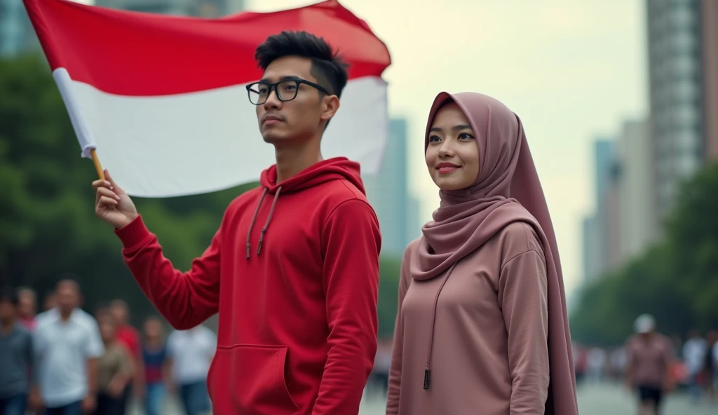 very high quality photo, independence scene, a woman wearing a hijab from Indonesia with a man wearing glasses, short hair combed neatly, wearing a red and white hoodie carrying a flag posing on the side of a city road, full body, realistic and cool visual...