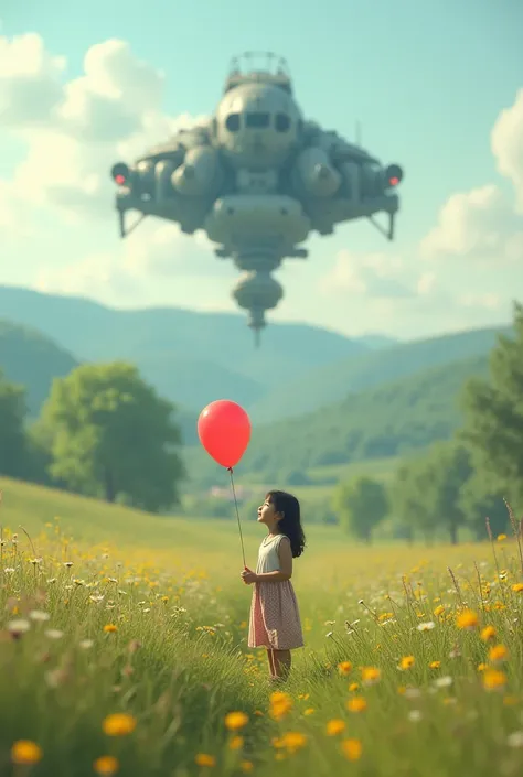 a girl with a baloon standing in center of farm field, giant battle dron in distance, cozy atmosphere, detailed

