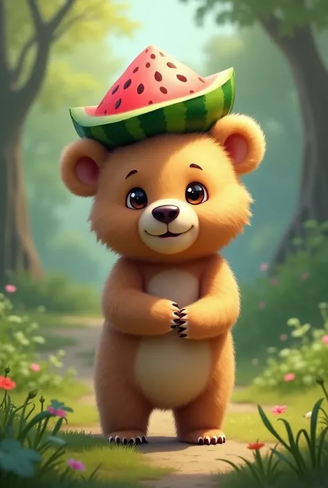 a bear cub wearing a watermelon hat