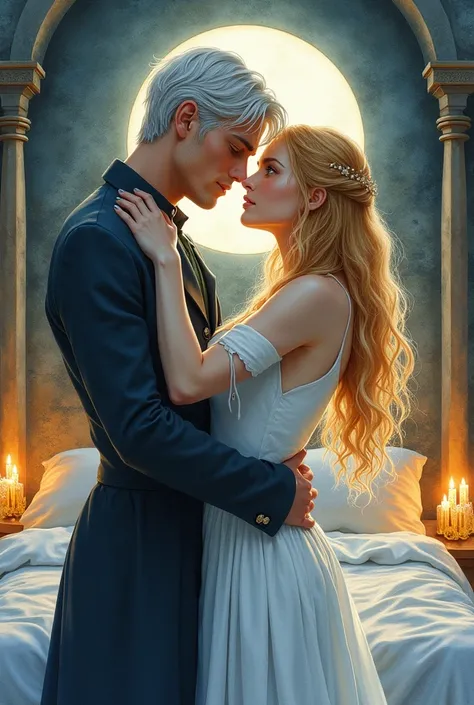 Create a realistic watercolor illustration that captures an intense, emotionally charged moment between Celaena Sardothien and Rowan Whitethorn. The scene should depict a sexual moment between them. Celaena, with her long, wavy golden blonde hair and expre...