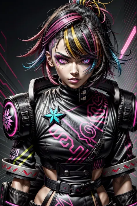 "Anime-style character portrait, vibrant neon color palette, cyberpunk aesthetics, glitch effects on the face, intense eyes with multicolored lights, detailed facial features, futuristic and stylized design, high contrast between bright colors and dark sha...