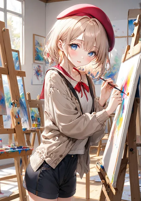 (Highest quality,8k,32K,masterpiece,Ultra-high resolution :1.2 ),born,One person,Super cute,Natural light,Clear, shining eyes,20-year-old,Fair skin,Drawing a picture,canvas,My clothes are stained with paint,beret,In underwear,Painting class background