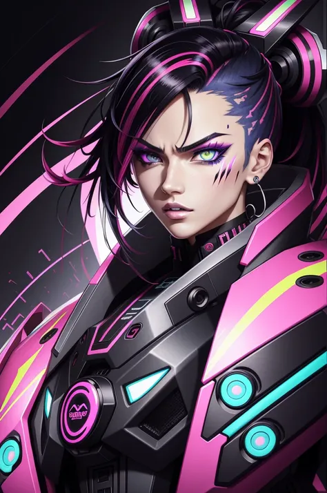 "Anime-style character portrait, vibrant neon color palette, cyberpunk aesthetics, glitch effects on the face, intense eyes with multicolored lights, detailed facial features, futuristic and stylized design, high contrast between bright colors and dark sha...