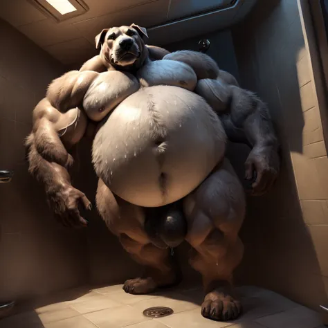 An unusually gargantuan anthropoid growing into immense body height in a small shower enclosure with small space around him, its hunched body filling the thight and small space around, its immense size allows him to push the ceiling floor, its huge and rou...