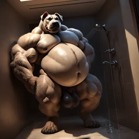 An unusually gargantuan anthropoid growing into immense body height in a small shower enclosure with small space around him, its hunched body filling the thight and small space around, its immense size allows him to push the ceiling floor, its huge and rou...