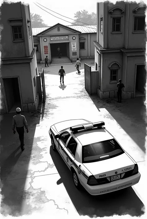 Top angle of a police car entering Indian police station
Make a storyboard in black and white in 8 mages pannels for a movie 