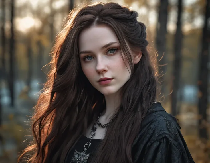 a girl,long brunette hair,pale skin,realistic detailed eyes,natural lighting,generous figure,oversized clothing,selfie,wolfcut hairstyle,sexy,emo,gothic,goth,canadian 30 years old,best quality,4k,8k,highres,masterpiece:1.2,ultra-detailed,realistic,photorea...