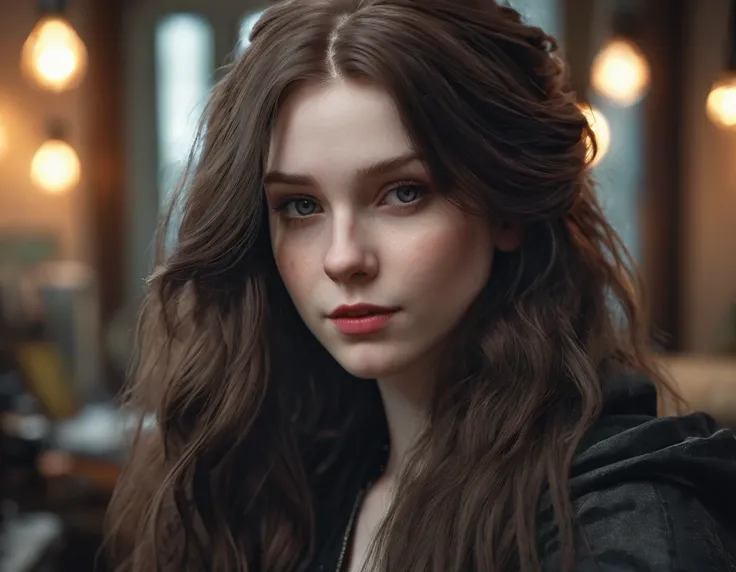 a girl,long brunette hair,pale skin,realistic detailed eyes,natural lighting,generous figure,oversized clothing,selfie,wolfcut hairstyle,sexy,emo,gothic,goth,canadian 30 years old,best quality,4k,8k,highres,masterpiece:1.2,ultra-detailed,realistic,photorea...