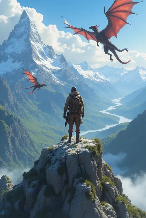 A magical landscape with dragons and an adventurer atop a mountain 