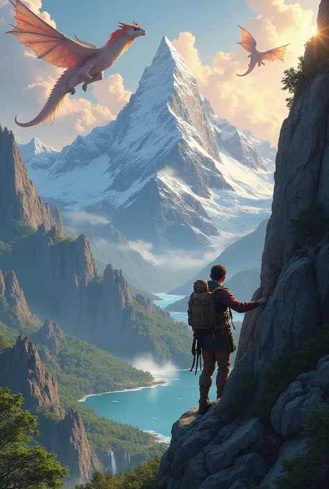 A magical landscape with dragons and an adventurer climbing a mountain 