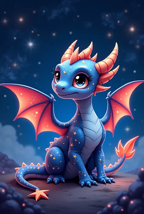 A baby dragon that has the constellations imprinted on its majestic wings and skin: of the dragon, of the raven and many stars, in a 2D cartoon style