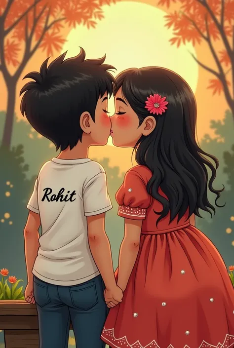 A boy named "Rohit" Is sitting with his girlfriend named " Swastika". Generate a couple picture with their names.  Print " Rohit" on boy shirt and print " Swastika" On girl dress. Both are kissing each other and both are doing sex