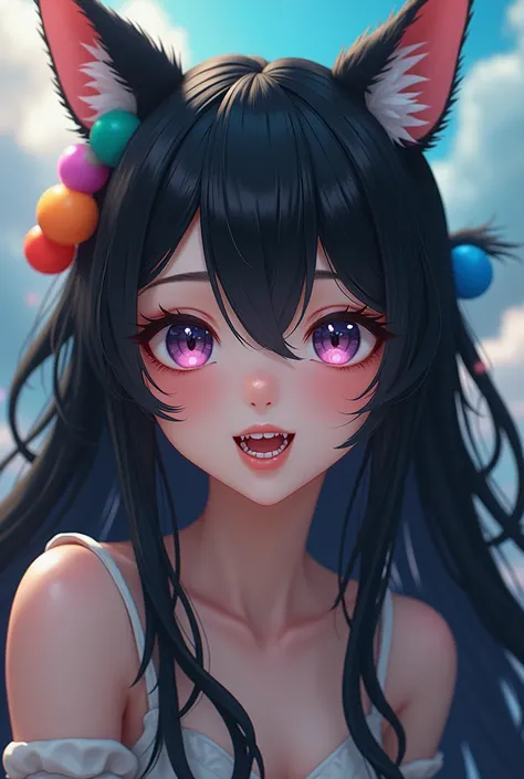 black hair, hair bobbles, wince, longeyelashes, solid circle eyes, fake animal ears, light smile, ear blush, fang, ccurate, Surrealism, drop shadow, anaglyph, stereogram, tachi-e, pov, atmospheric perspective, cinematic lighting, reflection light, 8k, supe...