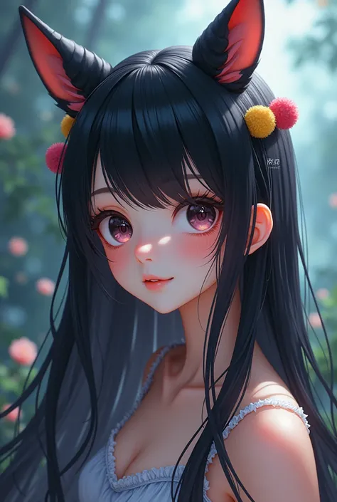 black hair, hair bobbles, wince, longeyelashes, solid circle eyes, fake animal ears, light smile, ear blush, fang, ccurate, Surrealism, drop shadow, anaglyph, stereogram, tachi-e, pov, atmospheric perspective, cinematic lighting, reflection light, 8k, supe...