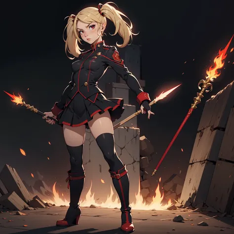 Very detailed, serious facial expression, small breasts, full body view, blonde hair with twintails, red eyes, looking at viewer, black and red uniform, skirt, black boots, holding spear, combat pose.