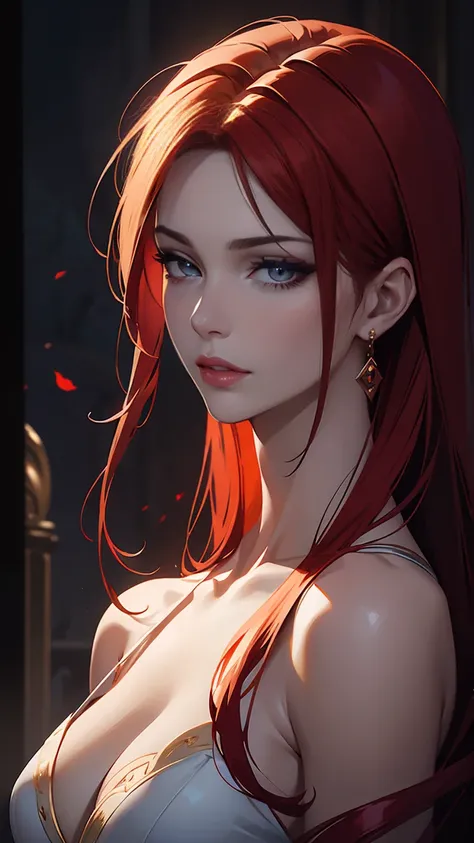 a beautiful young vampire woman with long curly fiery red hair flowing to her waist, elongated oval face, reddish-orange eyes, button nose, tall and slender figure, red full lips, pale porcelain skin, wearing a dark blue translucent top, yellow crest neck ...