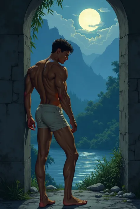 illustration that evoke stoicism men from 25 years old, shirtless, barefoot, strong, slim body Importance of Reason Style: Scientific realism, with a focus on detail and precision. Color palette: Cool, neutral tones (navy blue, gray, white) to convey clari...