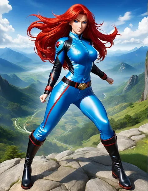 Profesora Sylara Stormblade in an anime style, as a tall, athletic Caucasian woman with long, vivid red hair and bright blue eyes. She is in a dynamic karate kick pose. Her attire includes tight-fitting blue leather pants and leather boots, which accentuat...