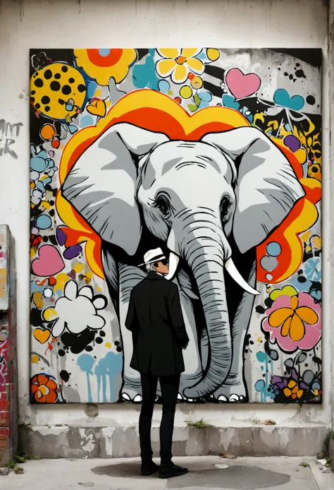 Elephant in  grey white with sunglasses, pop art, graffiti 